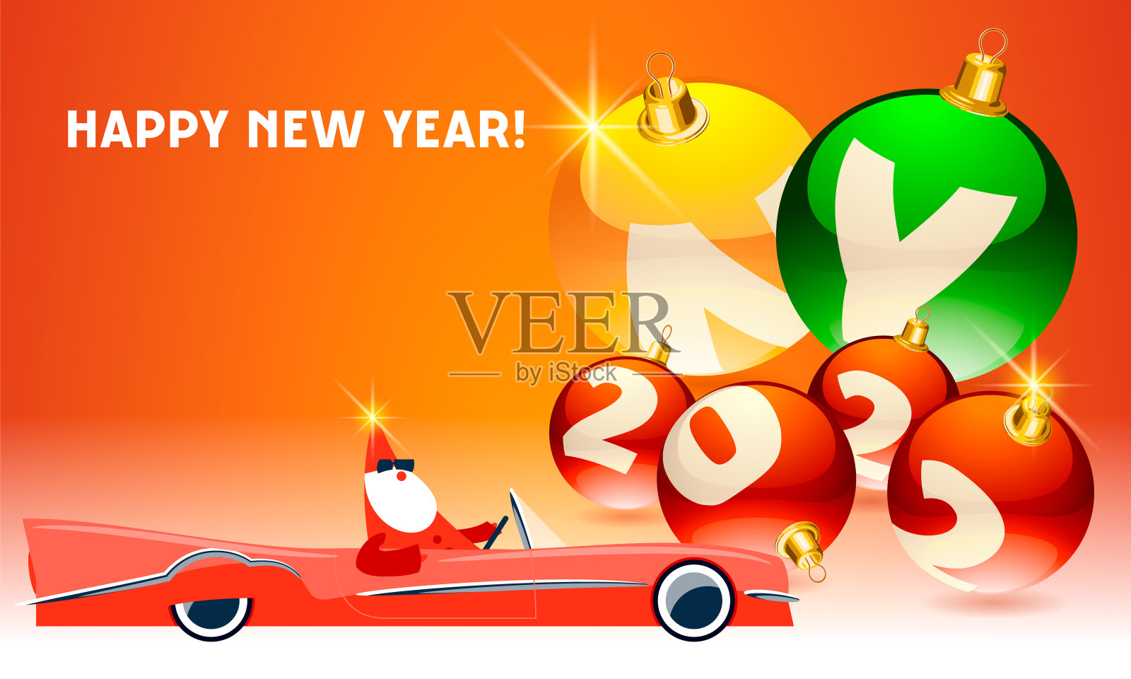 矢量现代贺卡2022年新年快乐!酷圣诞老人在车里插画图片素材