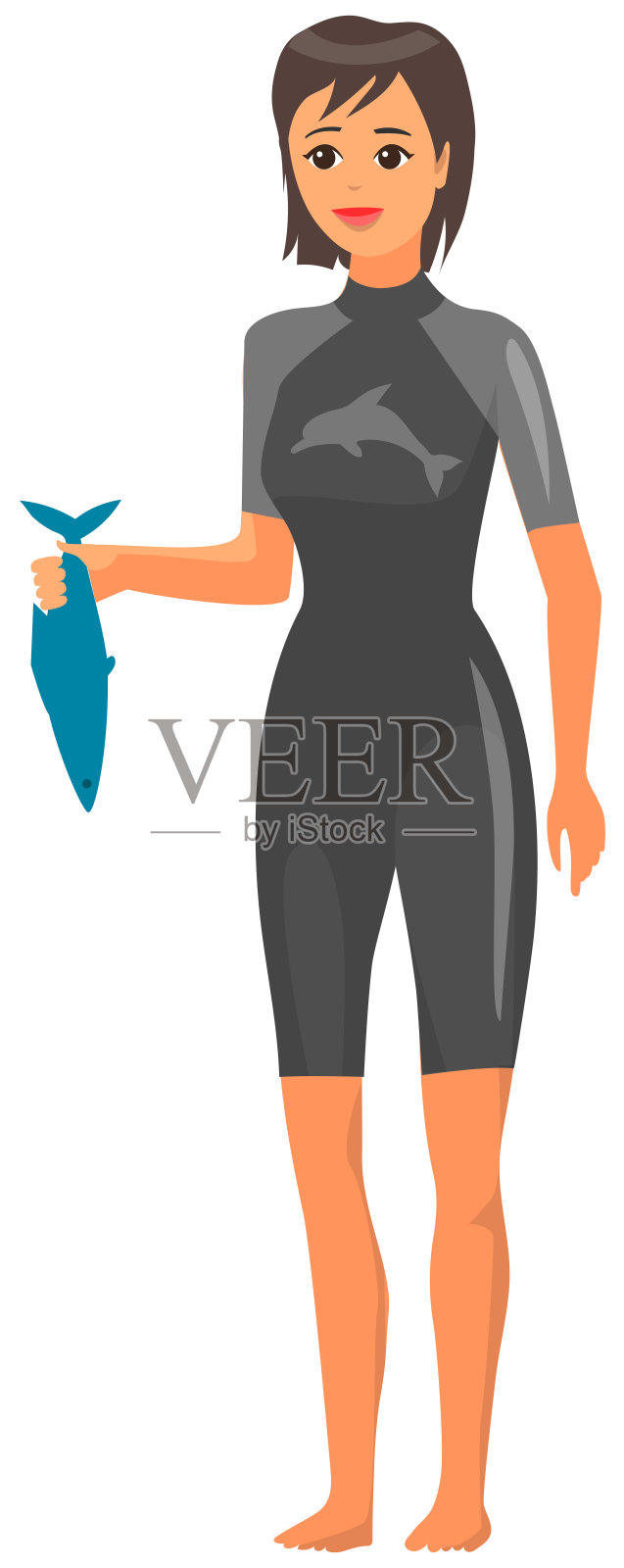 穿着潜水服的驯兽师拿着鱼喂海洋动物。穿着防水服的海豚馆工作人员设计元素图片