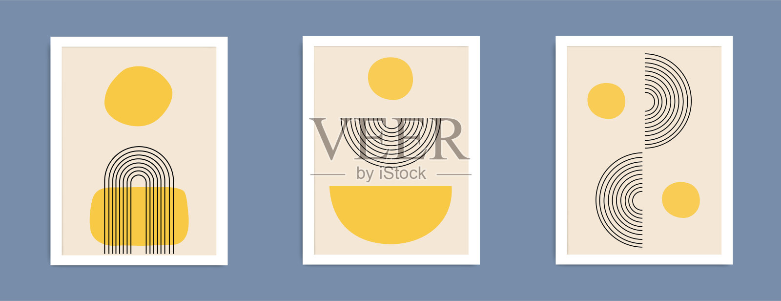 抽象墙面艺术绘画线条和圆形背景。极简几何元素和手绘线。中世纪北欧风格。插画图片素材