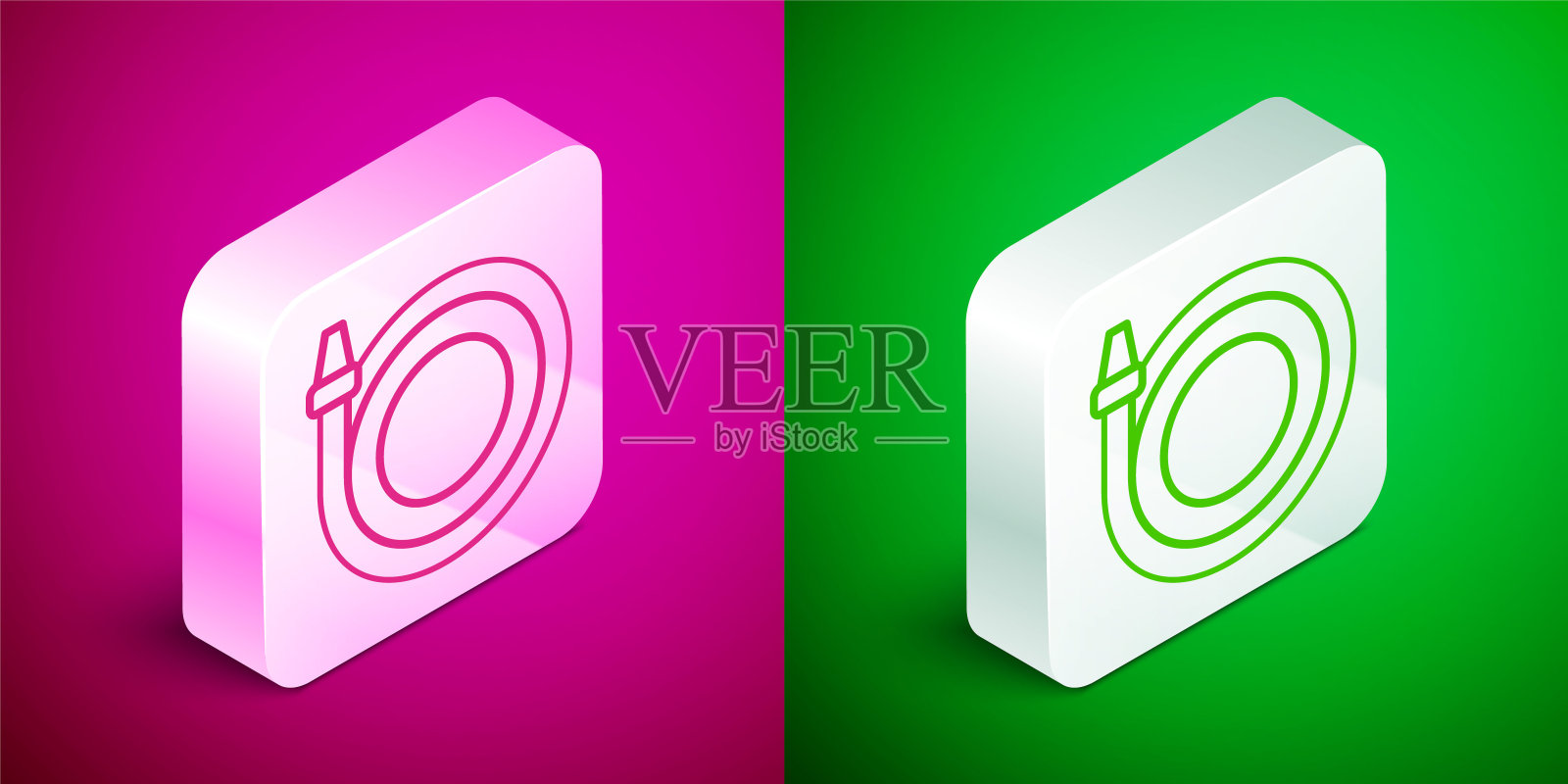 等距线花园软管图标隔离在粉红色和绿色的背景。喷枪图标。灌溉设备。银广场按钮。向量图标素材