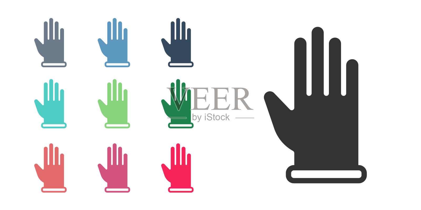 黑色橡胶手套图标隔离在白色背景。乳胶手保护标志。家务清洁设备标志。设置图标丰富多彩。向量图标素材