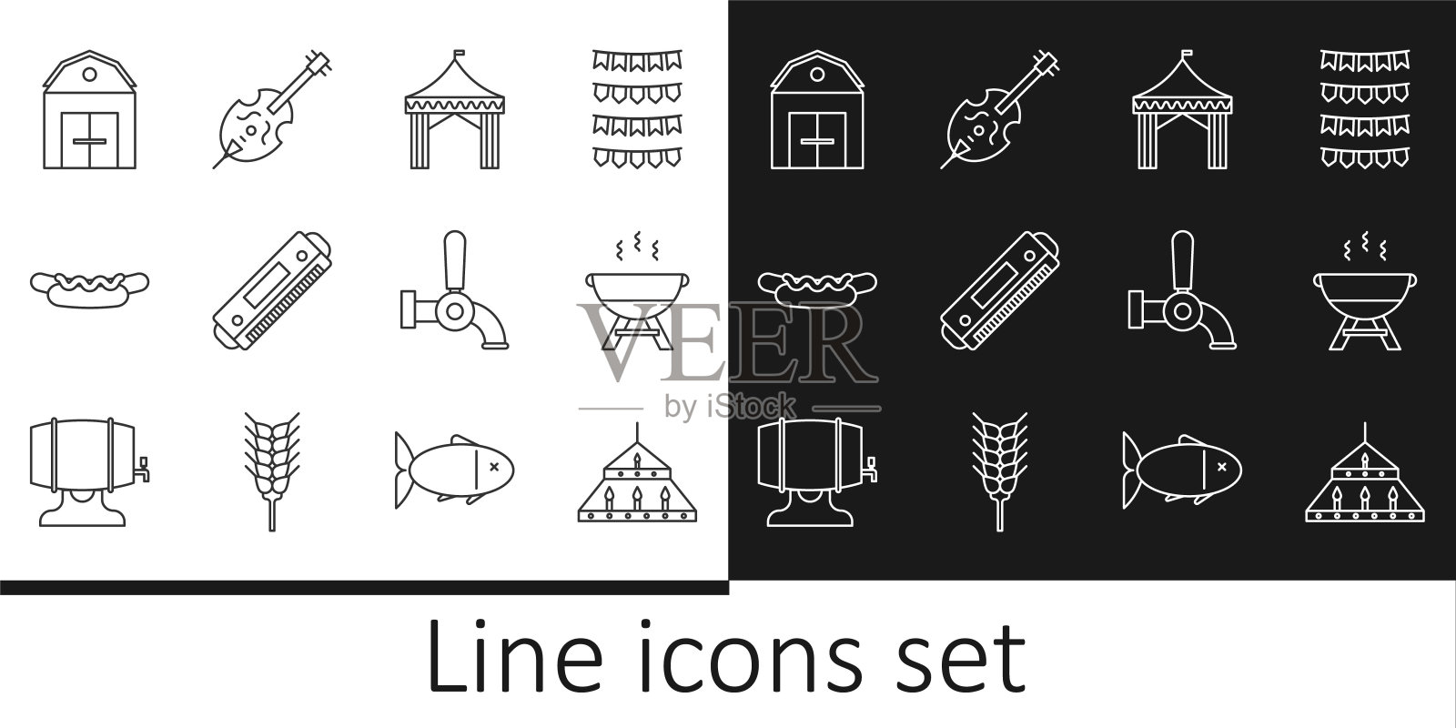 大型钢吊灯，烧烤架，野营帐篷，口琴，热狗三明治，农舍，啤酒龙头和小提琴图标。向量图标素材