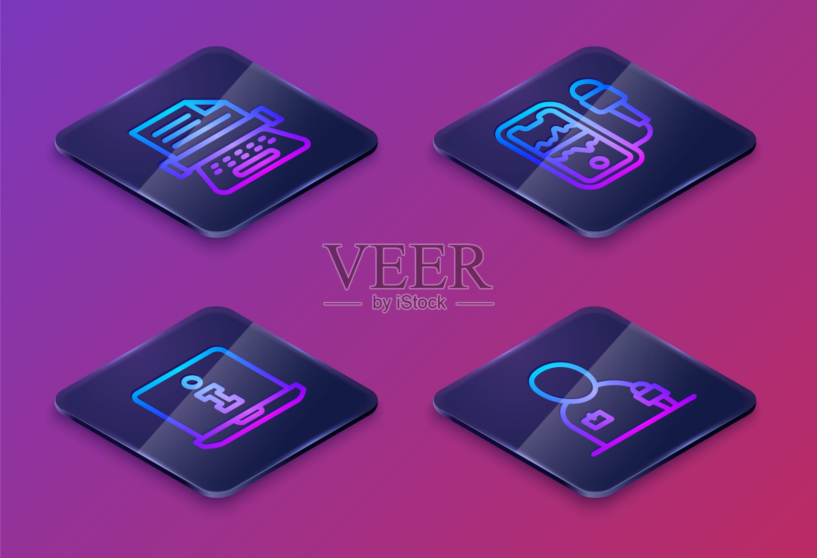 设置等距线复古打字机，信息，移动记录和记者新闻。蓝色方块按钮。向量图标素材