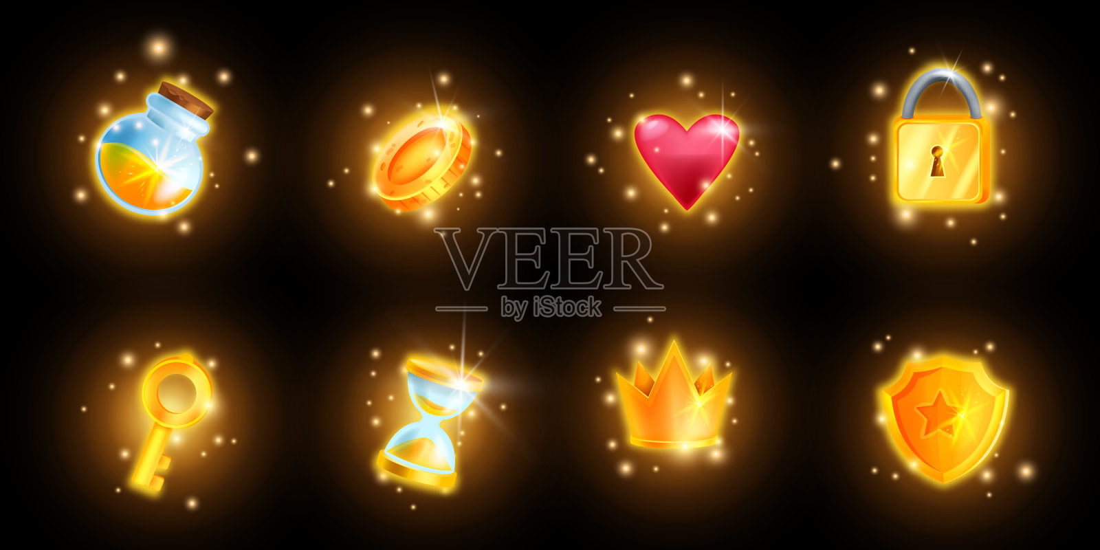 游戏图标集，向量赌场界面奖励包，金皇冠，药水瓶，奖励盾，魔法辉光。图标素材