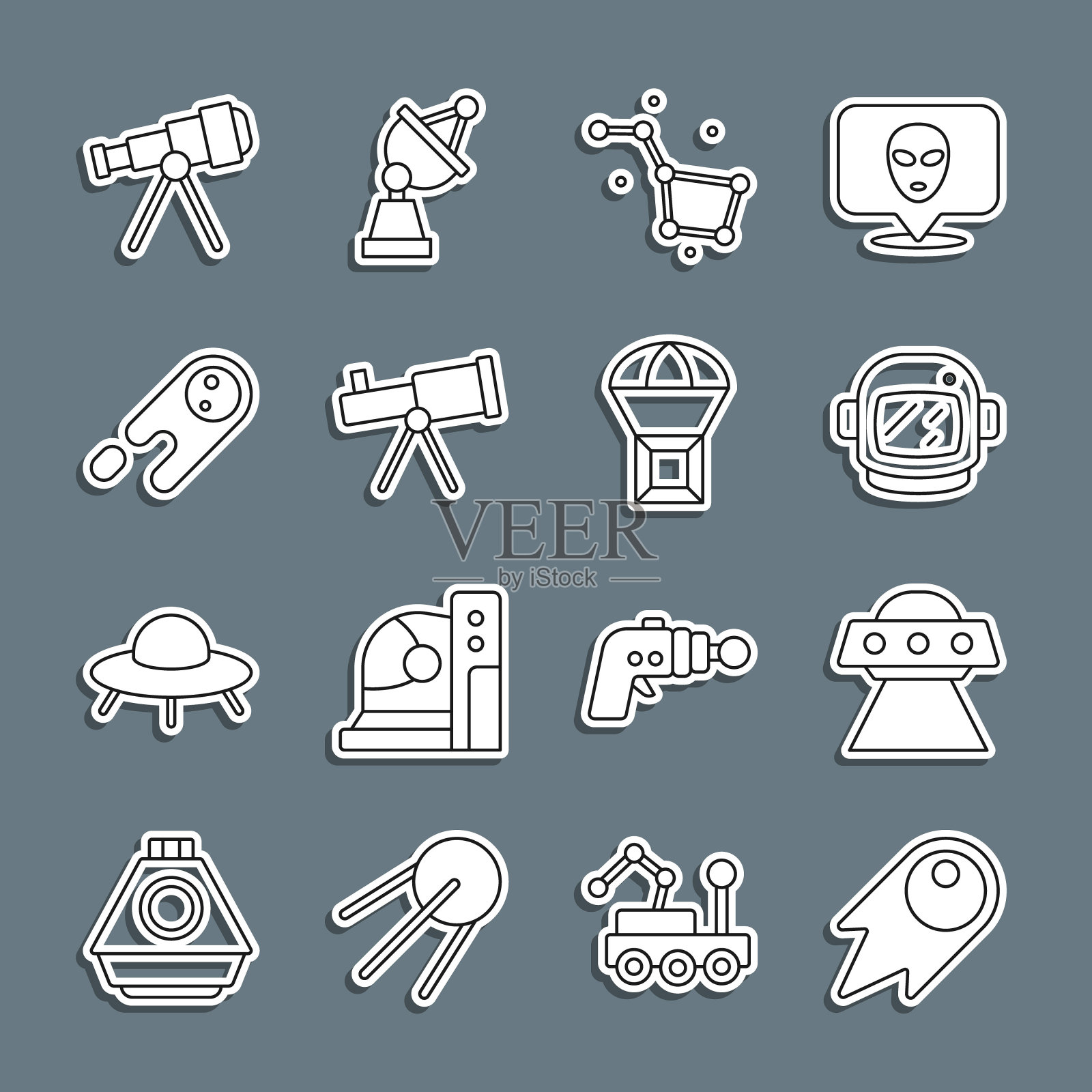 设置线彗星快速下落，飞碟飞行宇宙飞船，宇航员头盔，大熊星座，望远镜，盒子降落伞图标。向量图标素材