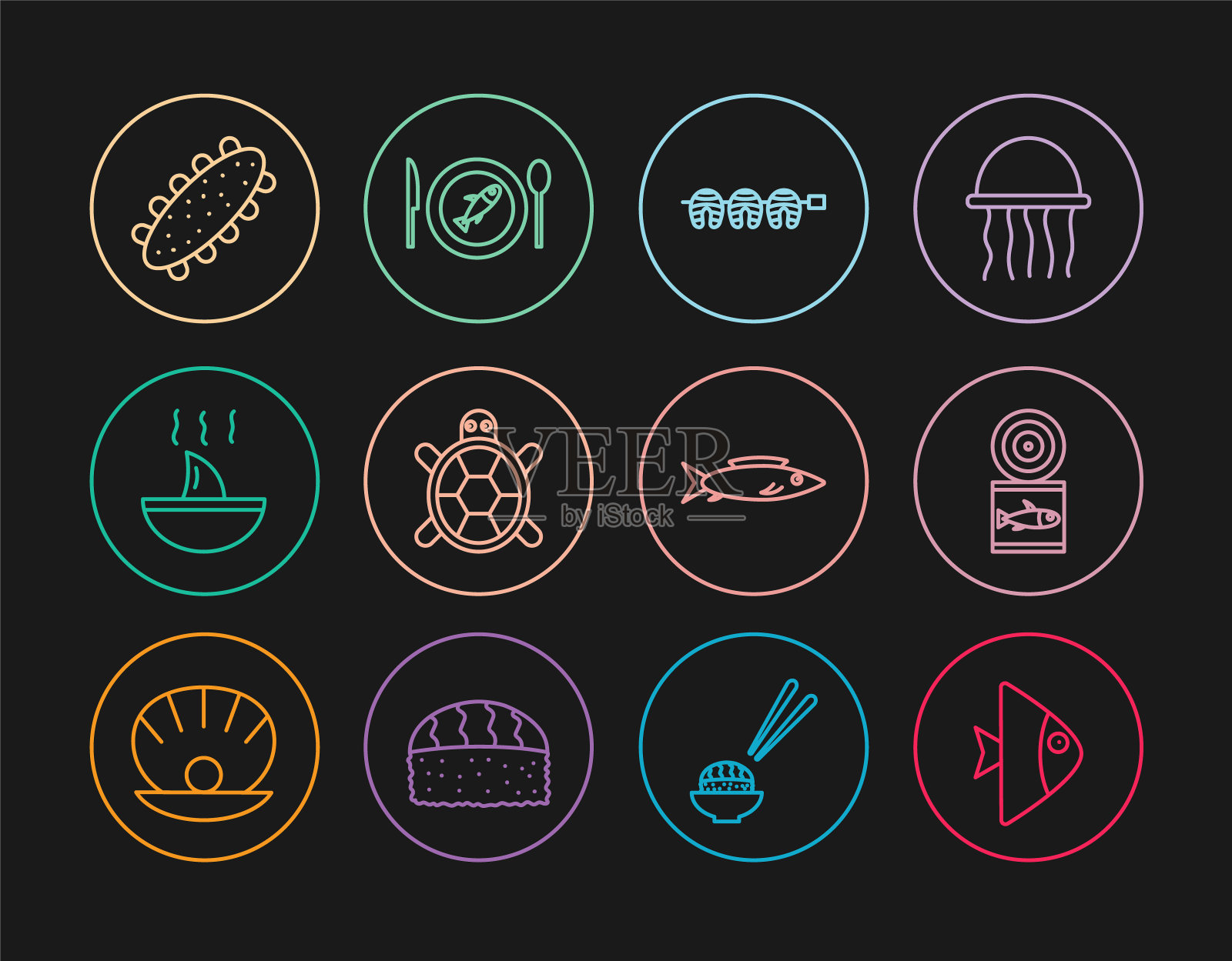 鱼线，鱼罐头，烤牛排，海龟，鱼翅汤，海参，和盘子图标。向量图标素材