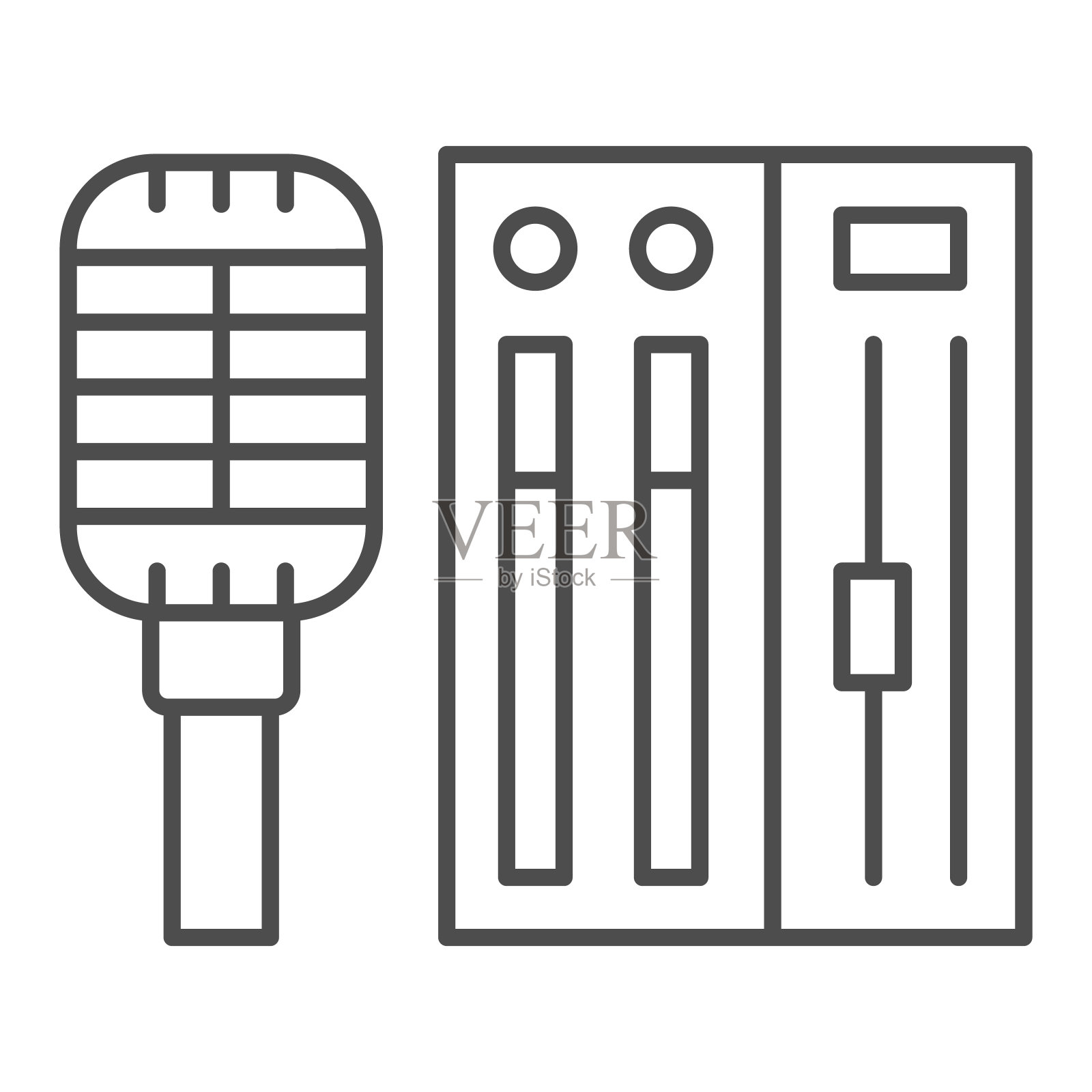 麦克风和声音控制器细线图标，音乐概念，麦克风和音频混音器矢量标志在白色背景上，轮廓风格图标的移动概念和网页设计。矢量图形。图标素材