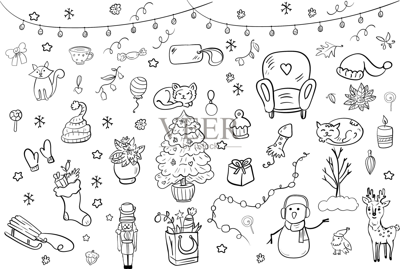 一套新年或圣诞节的玩具和装饰品插画图片素材