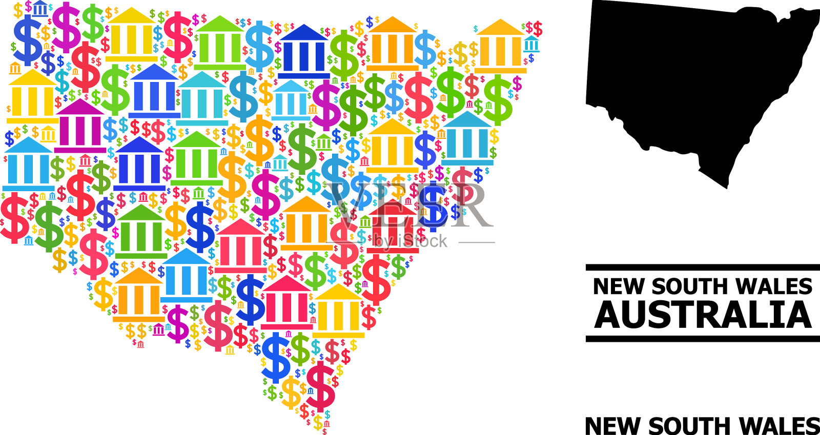 银行和新南威尔士州的拼贴地图插画图片素材