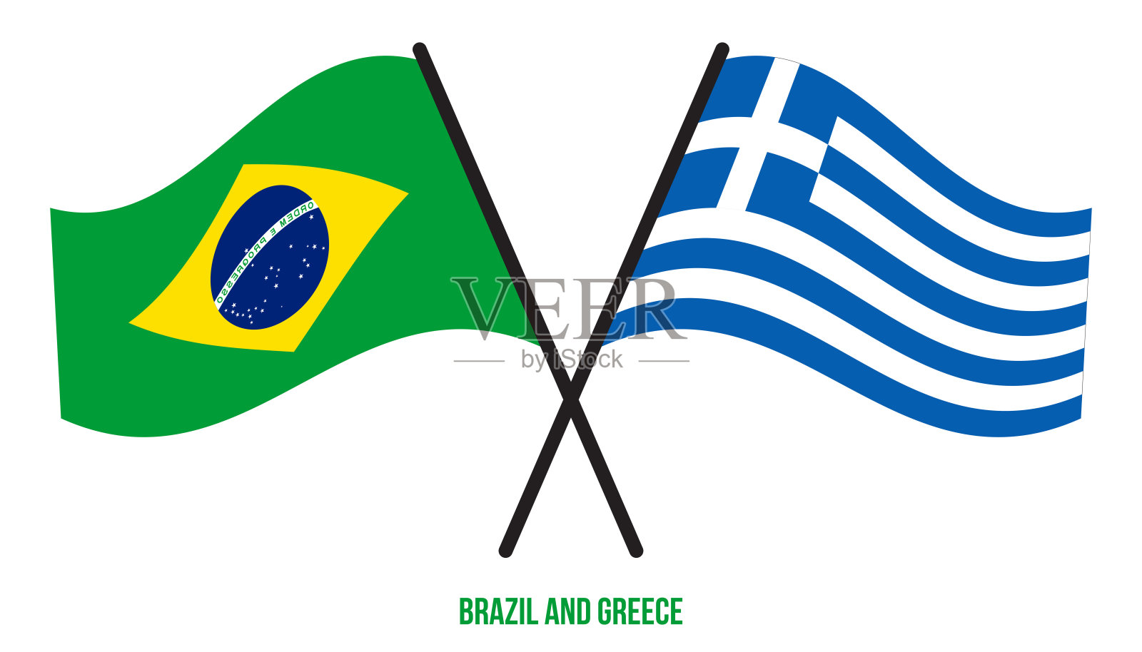巴西和希腊的国旗交叉和平坦的飘扬风格。官方的比例。正确的颜色。插画图片素材