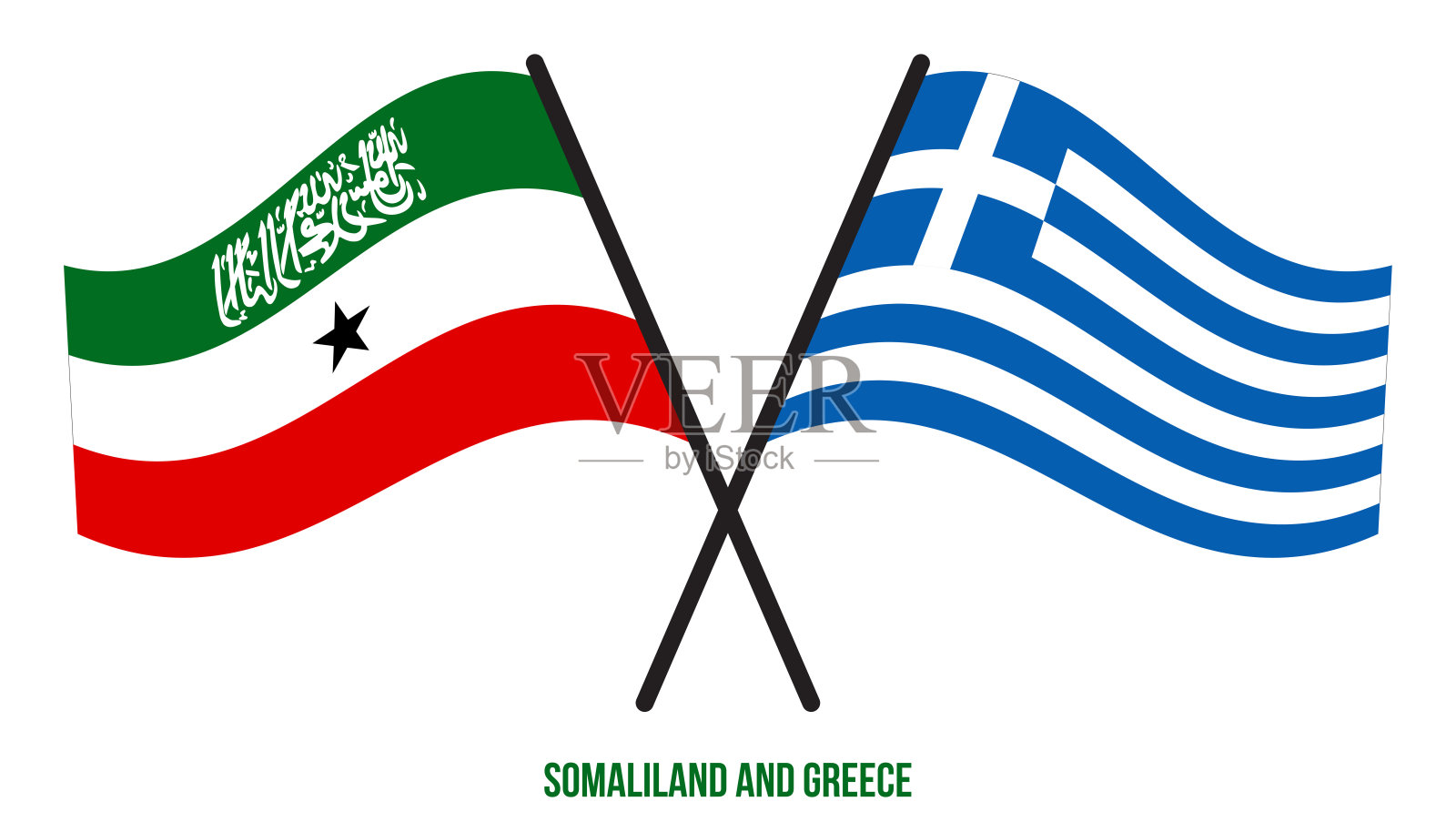 索马里兰和希腊的旗帜交叉并扁平地飘扬。官方的比例。正确的颜色。插画图片素材