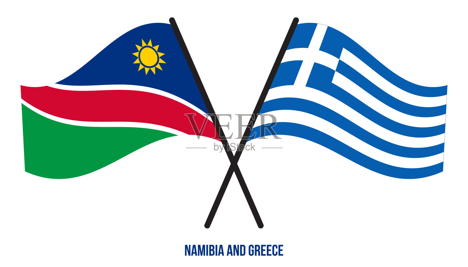 纳米比亚和希腊的国旗交叉和平坦的飘扬风格。官方的比例。正确的颜色。插画图片素材