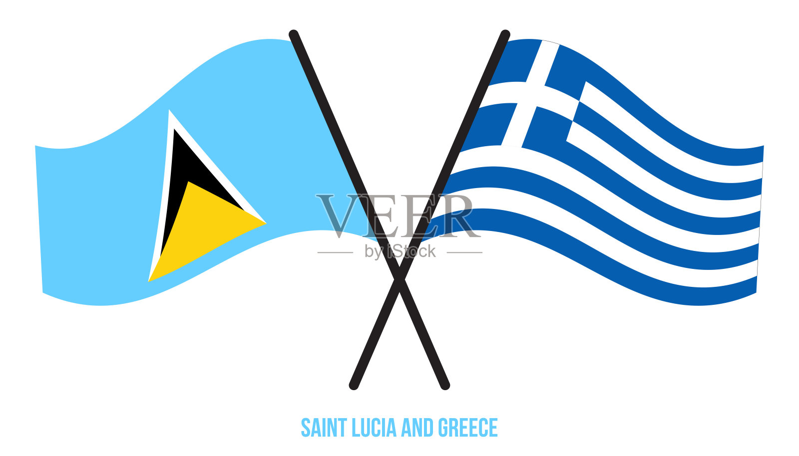 圣卢西亚和旗帜交叉和挥舞平风格。官方的比例。正确的颜色。插画图片素材