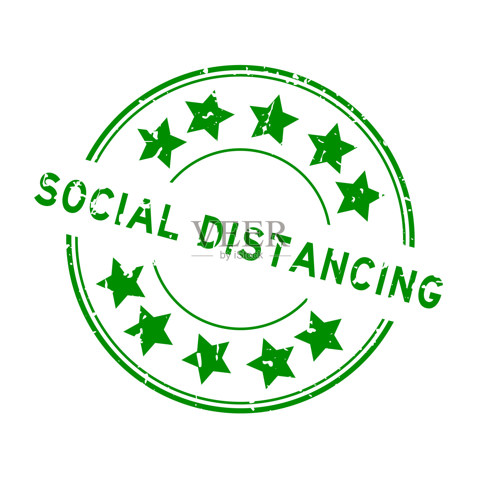 垃圾绿色社会距离字与星形图标圆形橡胶印章在白色背景设计元素图片