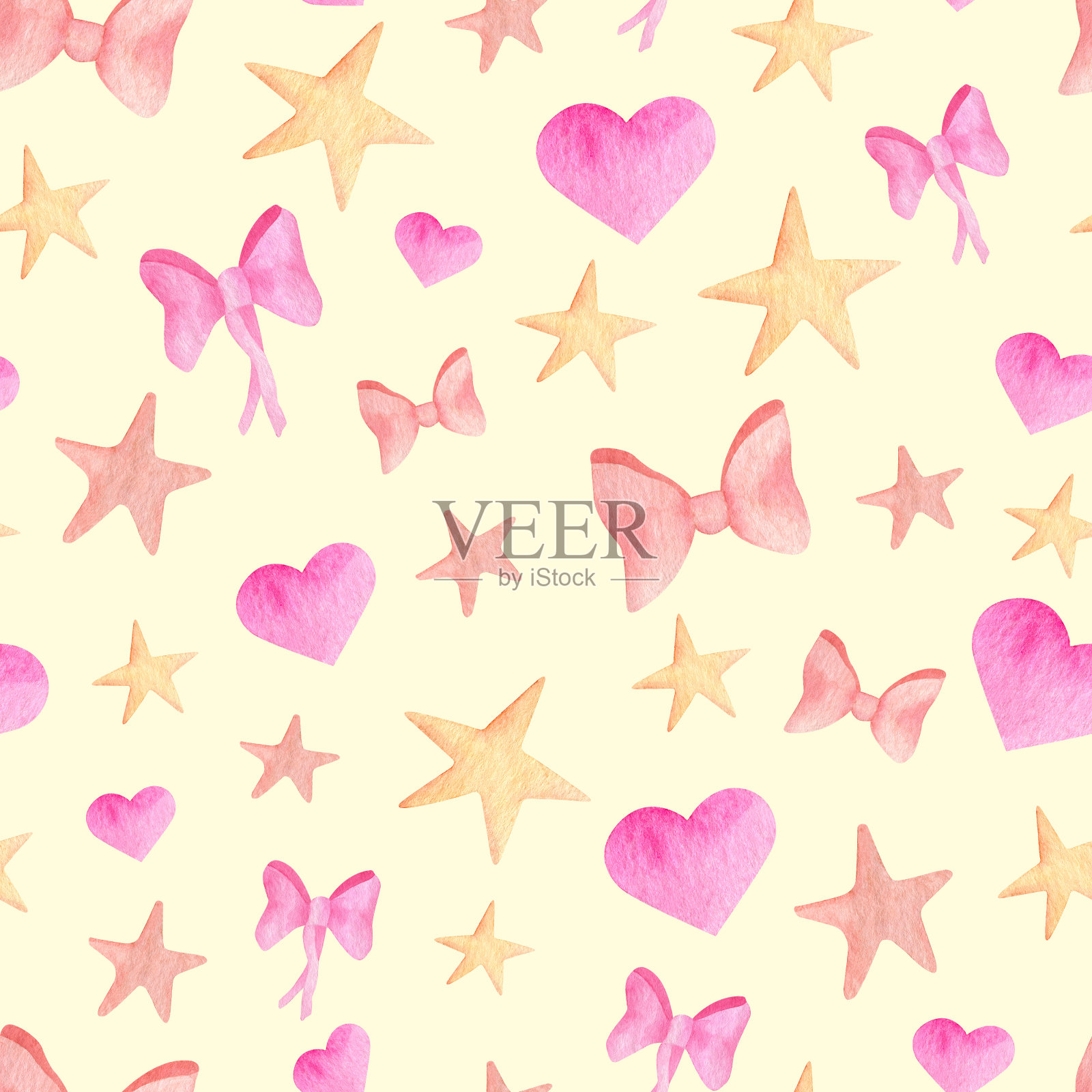 水彩粉红色丝带蝴蝶结，心和星星无缝模式。手绘的可爱简单的设计在柔和的黄色背景上的儿童，女孩，儿童，托儿所，纺织品，包装。插画图片素材