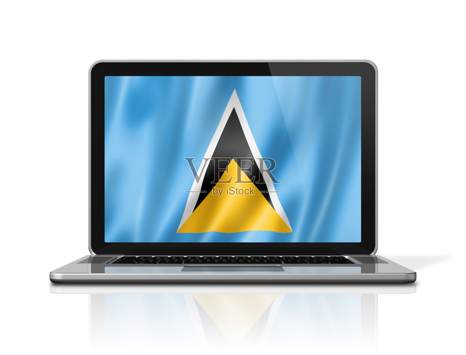 圣卢西亚国旗在笔记本电脑屏幕上隔离在白色。三维演示照片摄影图片