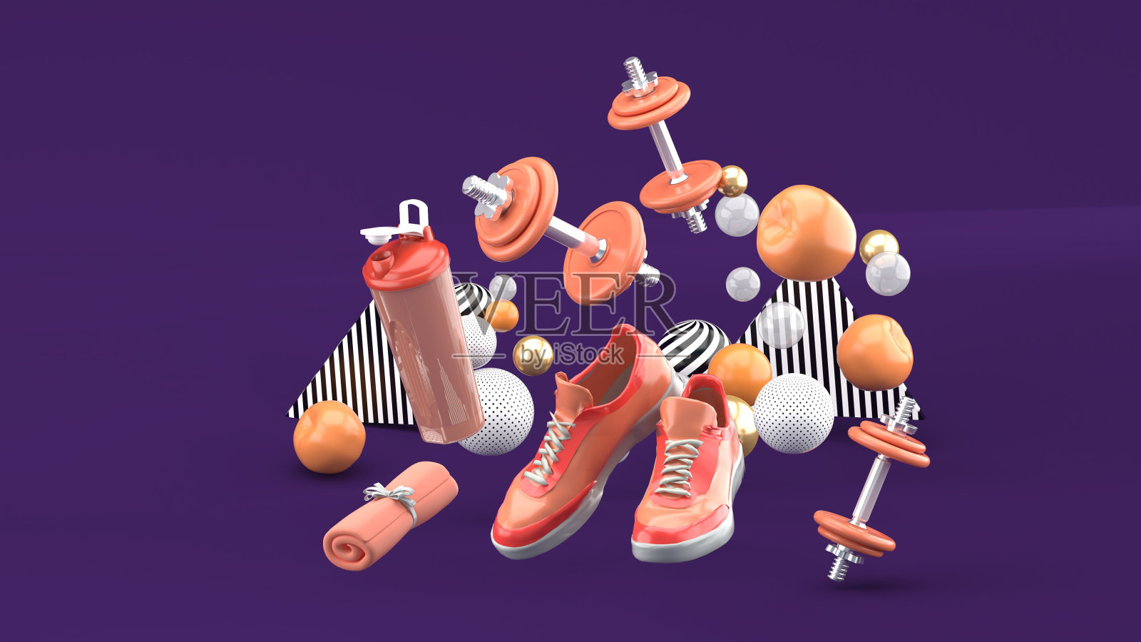 哑铃，跑鞋，橙色毛巾在紫色背景上的五颜六色的球中。3 d渲染。“n照片摄影图片