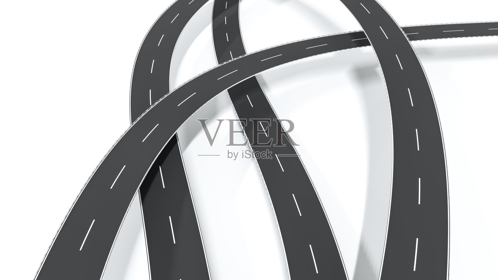 四条两条车道的高速公路叠在一起，向不同的方向开去。3d渲染隔离白色与阴影。照片摄影图片