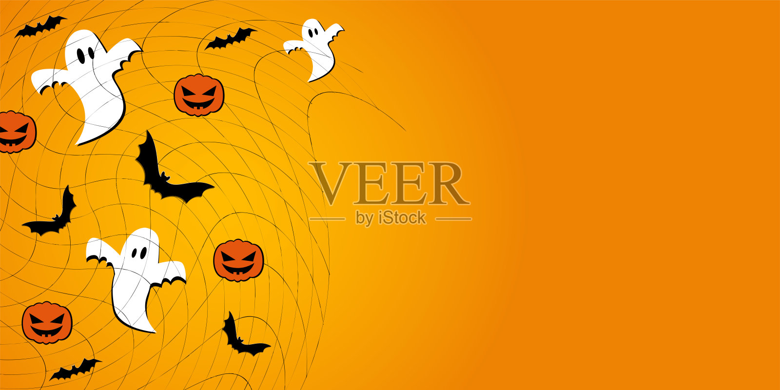 向量。万圣节背景与蝙蝠，南瓜，星星，蜘蛛网，节日装饰。万圣节派对邀请卡模拟。万圣节快乐横幅设计。平铺，俯视图，复制空间。插画图片素材