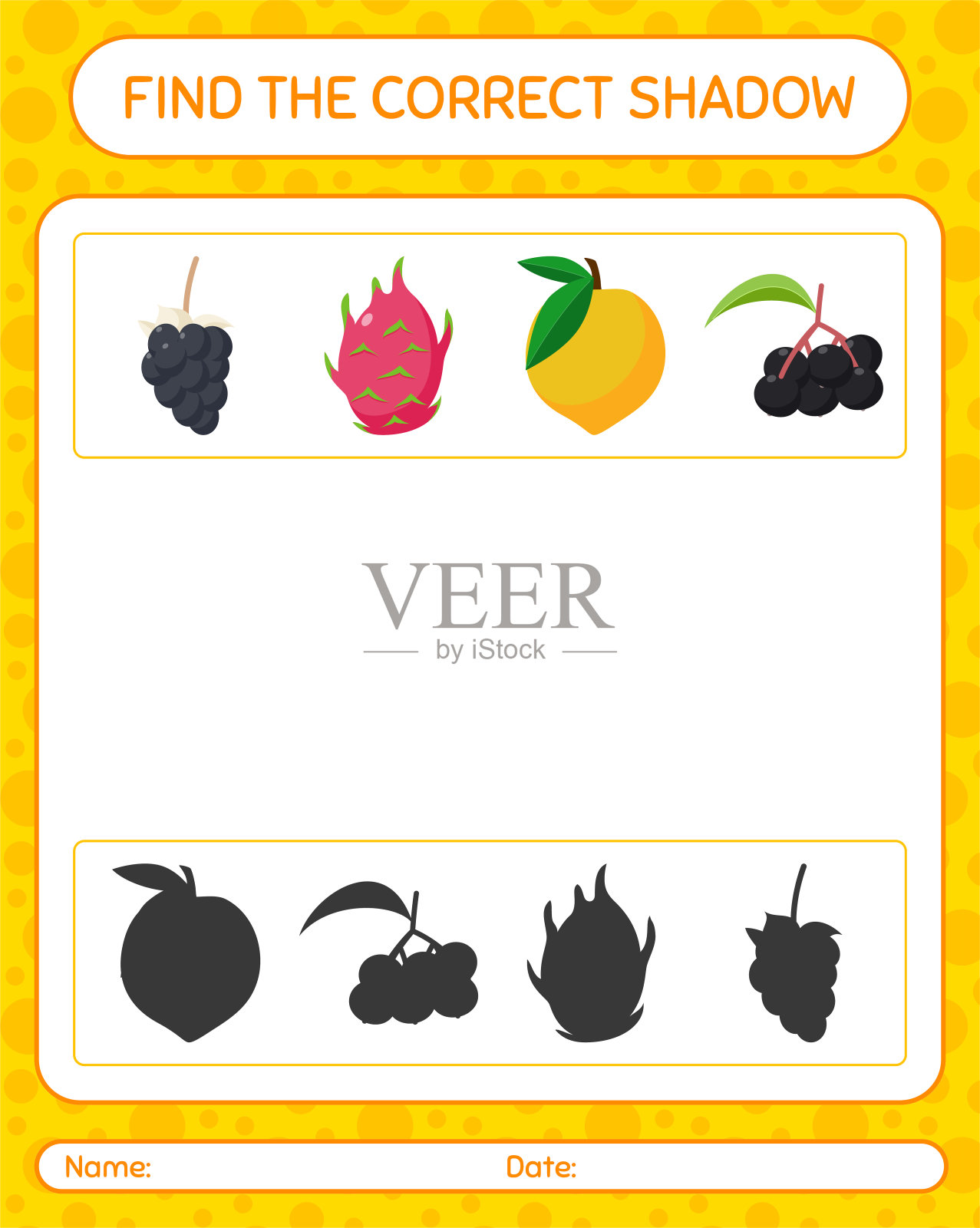 用水果找到正确的阴影游戏。学龄前儿童的工作表，儿童活动表插画图片素材