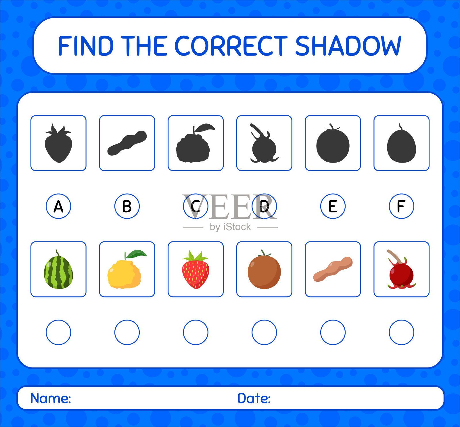 用水果找到正确的阴影游戏。学龄前儿童的工作表，儿童活动表插画图片素材
