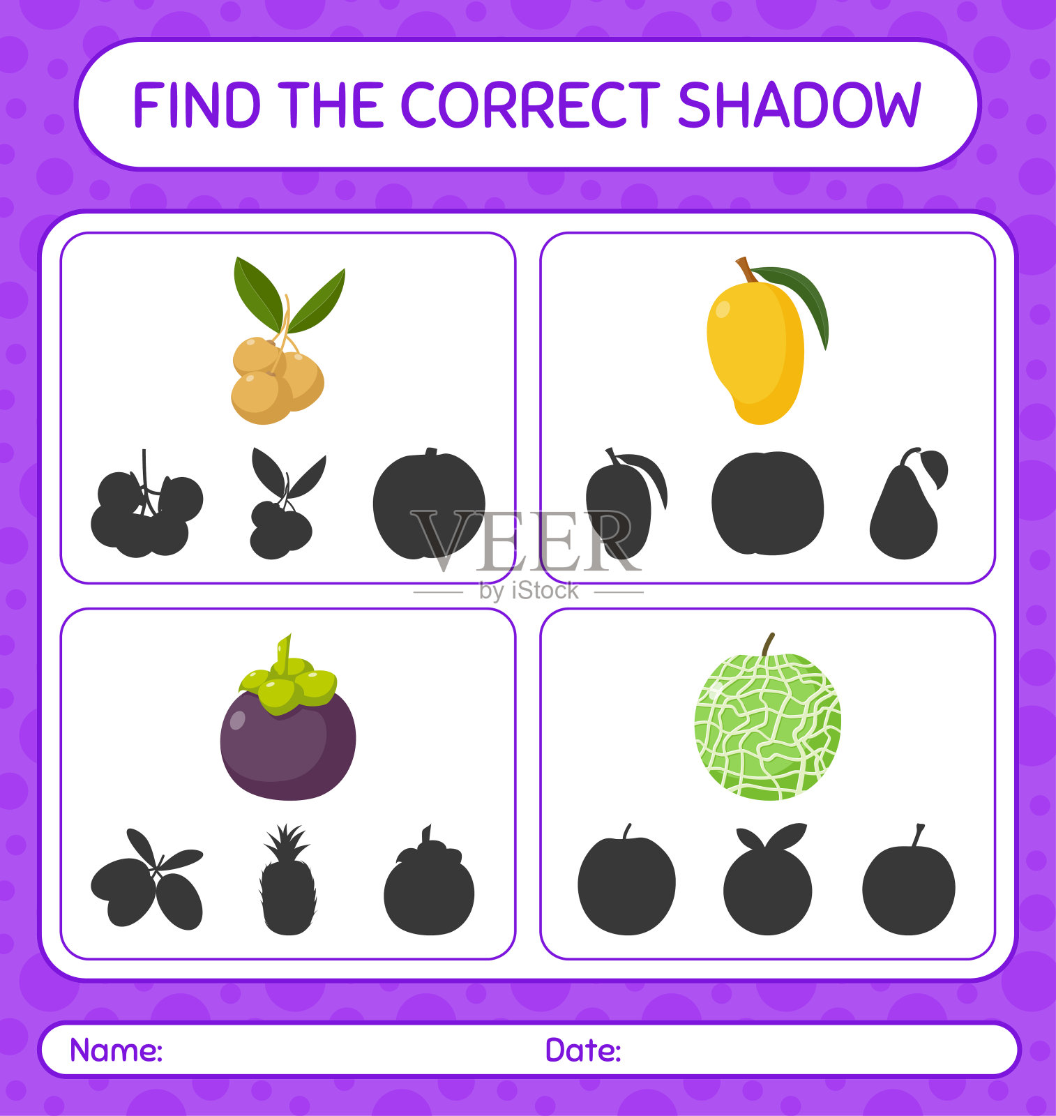 用水果找到正确的阴影游戏。学龄前儿童的工作表，儿童活动表插画图片素材