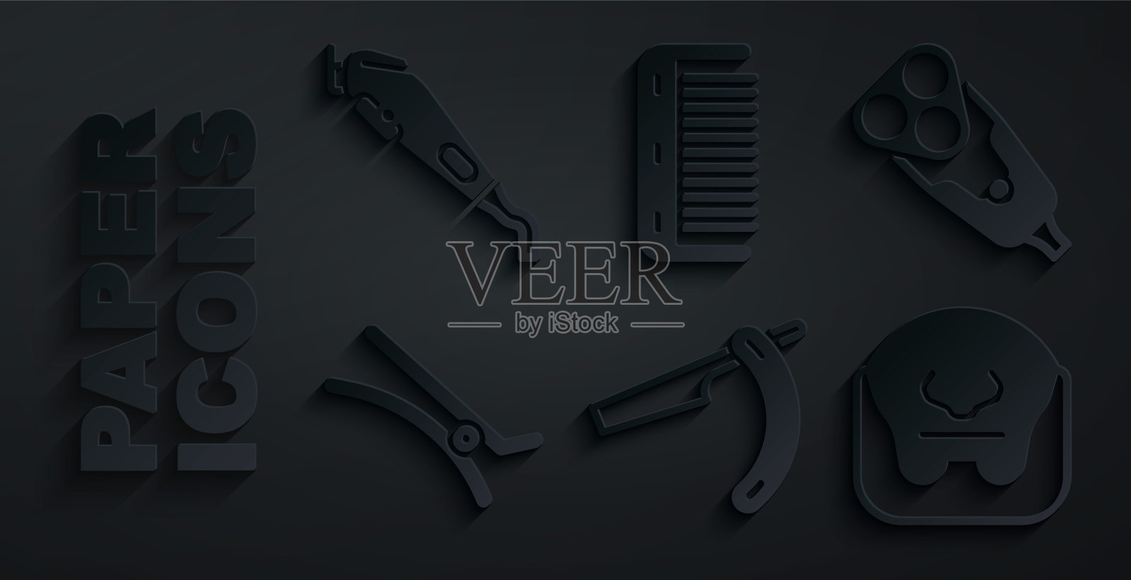 设置直剃须刀，电动刀片，发夹，胡子和胡子，发刷和电动理发器图标。向量插画图片素材