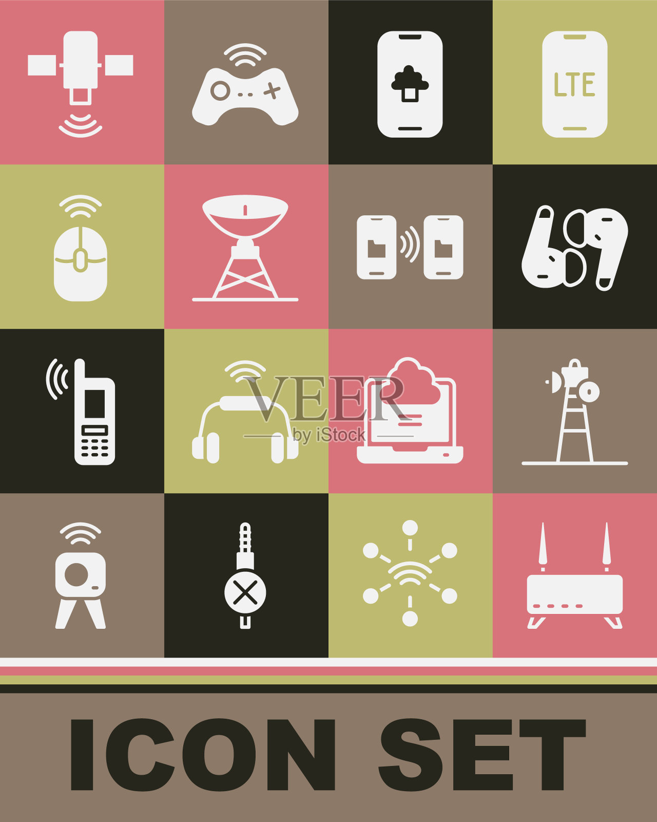 设置路由器和wi-fi信号，卫星天线，空气耳机，云技术数据，无线电脑鼠标，数据传输存储图标。向量图标素材