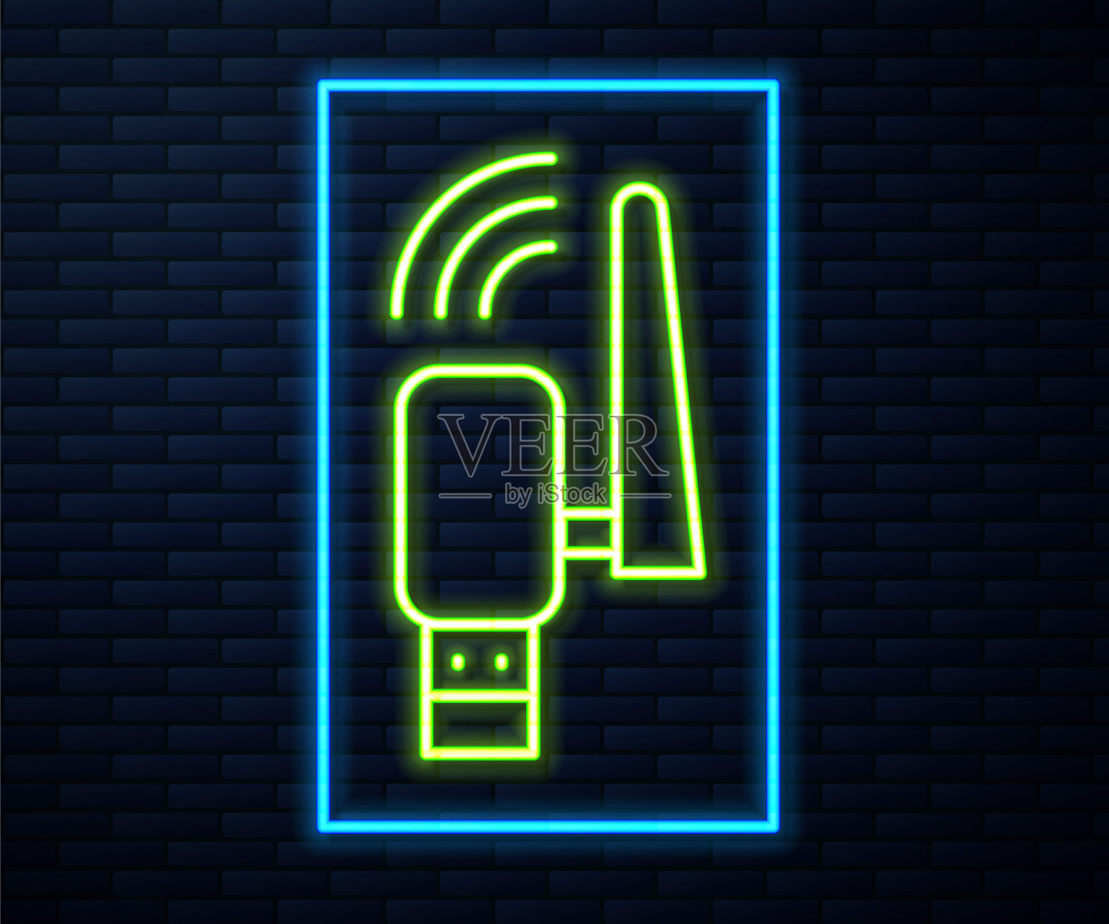 发光的霓虹灯线Usb无线适配器图标隔离在砖墙背景。向量图标素材