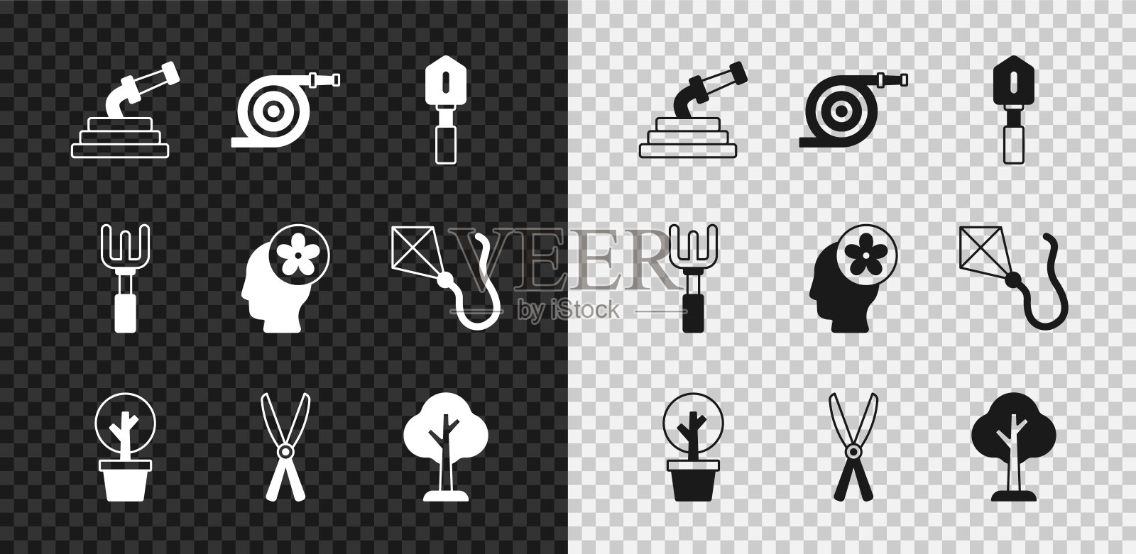 设置花园软管，铲子，森林，园艺手工剪刀，耙子和鲜花里面的人头图标。向量图标素材