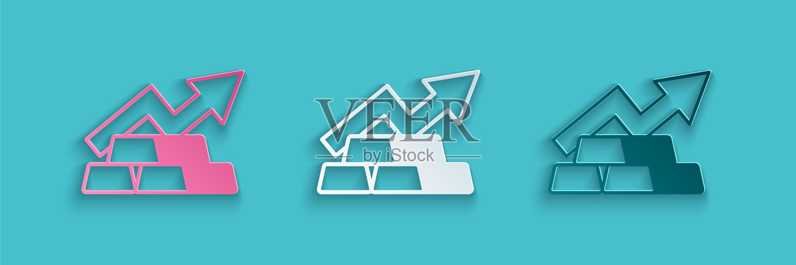 剪纸金融增长图表箭头与金条图标孤立在蓝色背景。财务成功的概念。黄金投资的概念。纸艺术风格。向量图标素材