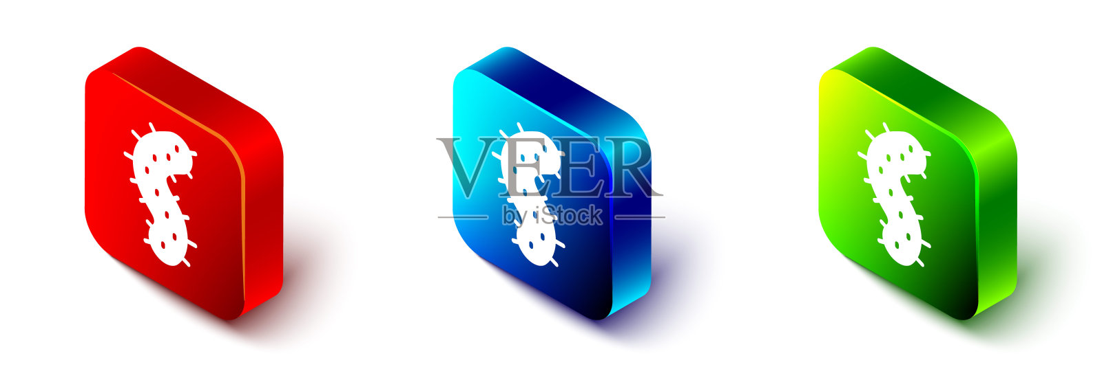 在白色背景上分离的等距病毒图标。2019 - ncov冠状病毒。细菌和病菌，细胞癌症，微生物，真菌。红、蓝、绿方形按钮。向量图标素材