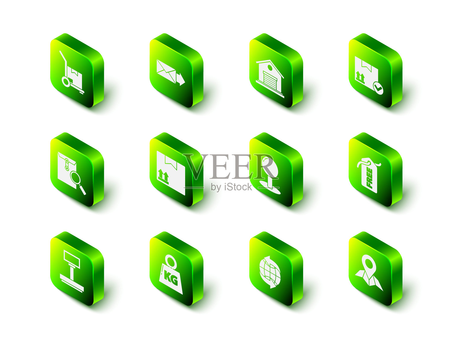 集信封，仓库，包装箱与检查标记，价格标签免费，占位符在地图纸，推大头针，全球和重量图标。向量图标素材