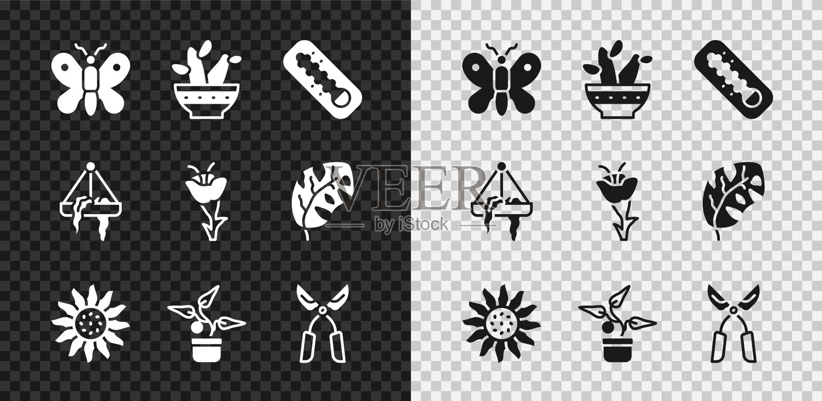 设置蝴蝶，仙人掌peyote在锅，气象温度计，花，植物，园艺手工剪刀，挂和图标。向量图标素材