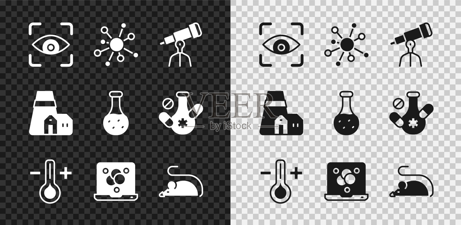 设置眼睛扫描，分子，望远镜，温度计，化学公式，实验老鼠，电站工厂和试管图标。向量图标素材