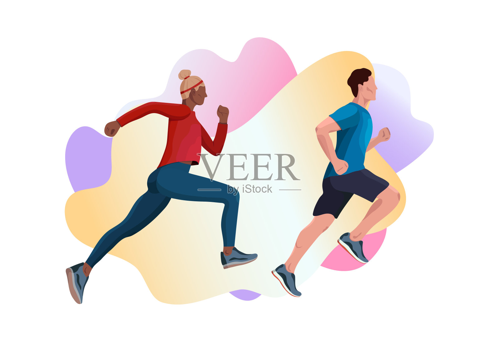 平面现代矢量插图的男人和女人在运动跑步。插画图片素材