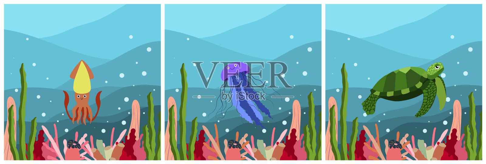 三组正方形构图与水下插画图片素材