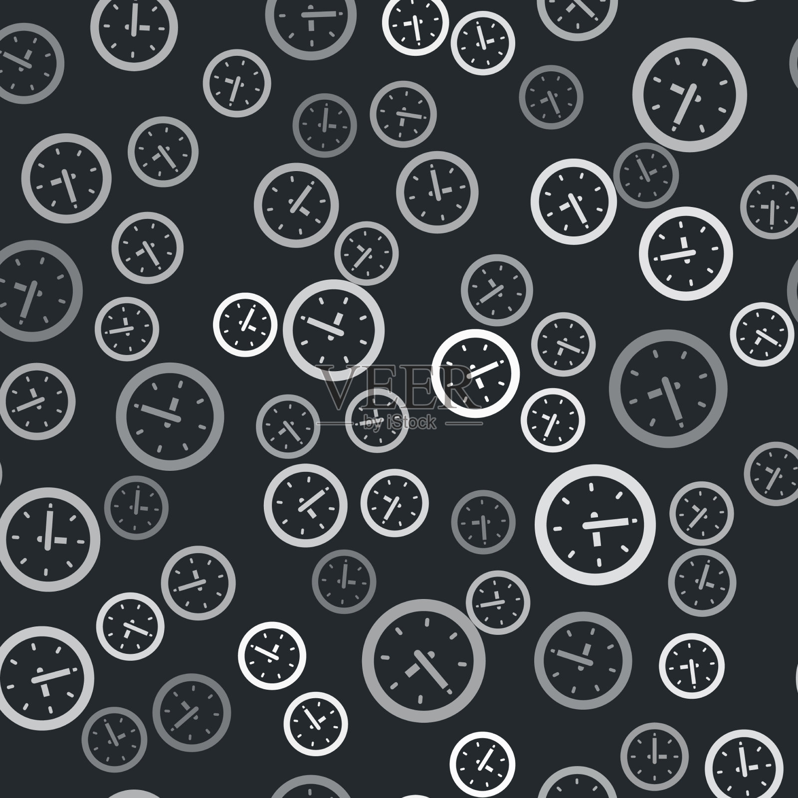 灰色时钟图标隔离无缝模式上的黑色插画图片素材