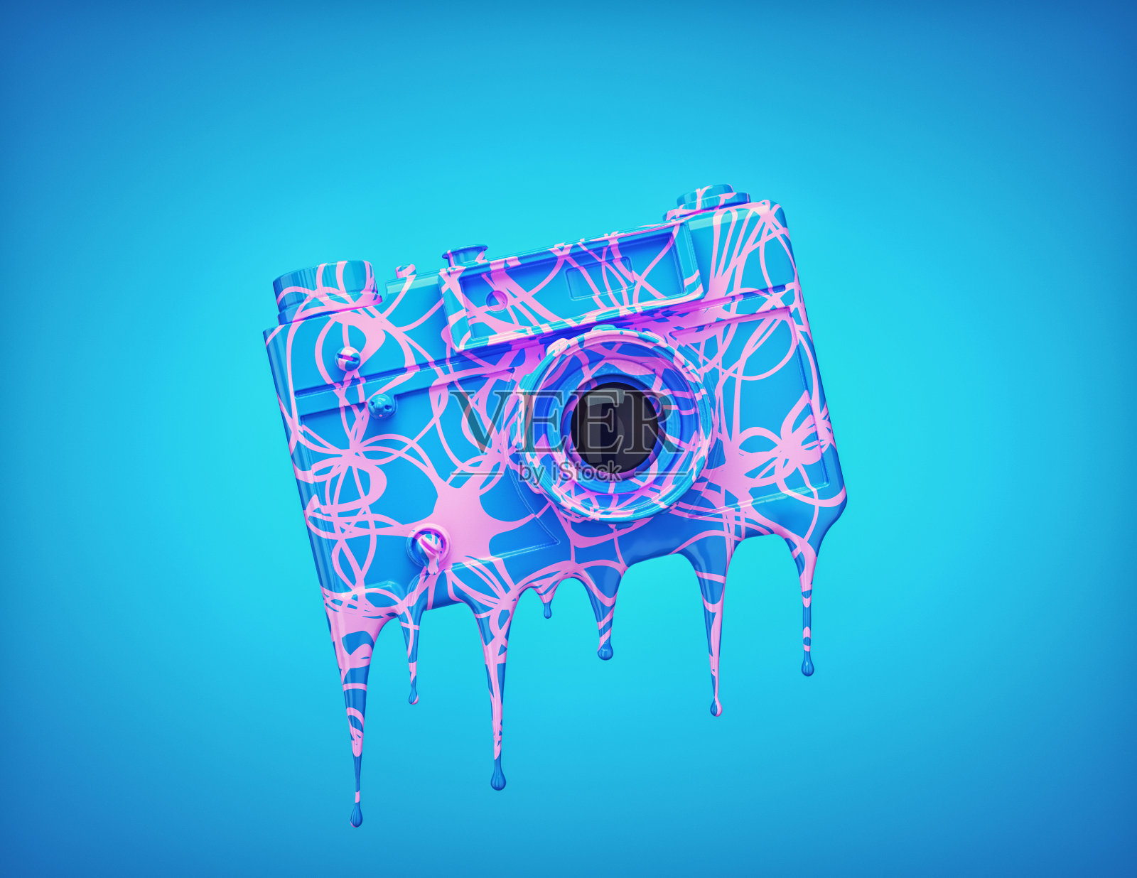 彩色复古相机融化在蓝色背景照片摄影图片