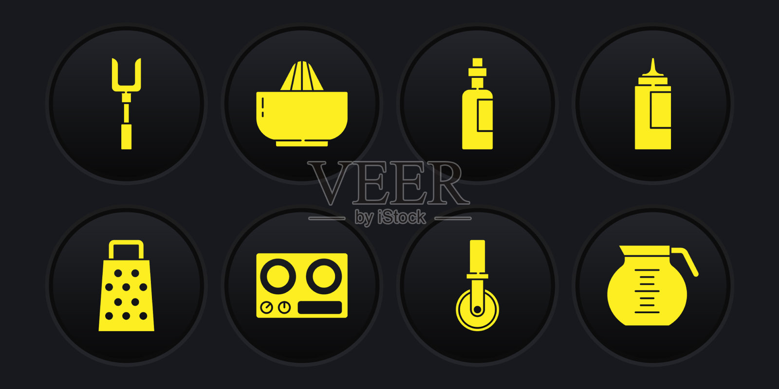 设置刨丝器酱瓶煤气炉披萨刀图标素材