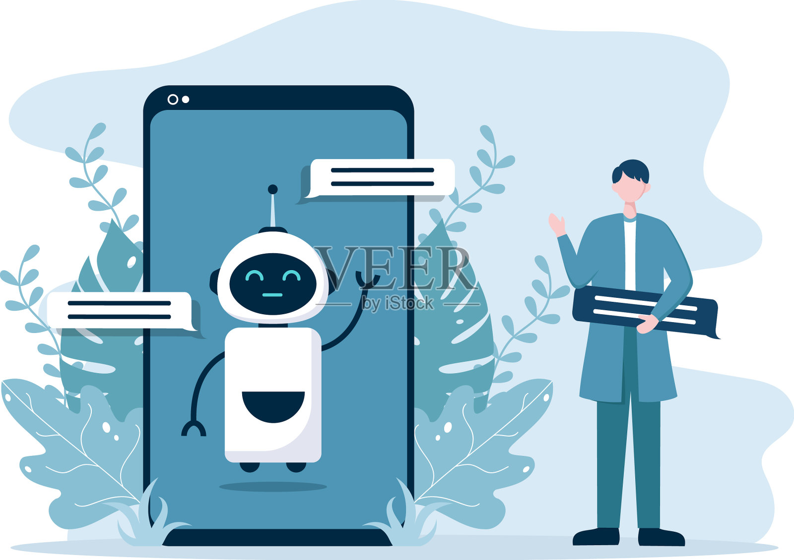 机器人虚拟辅助或聊天机器人背景插画图片素材
