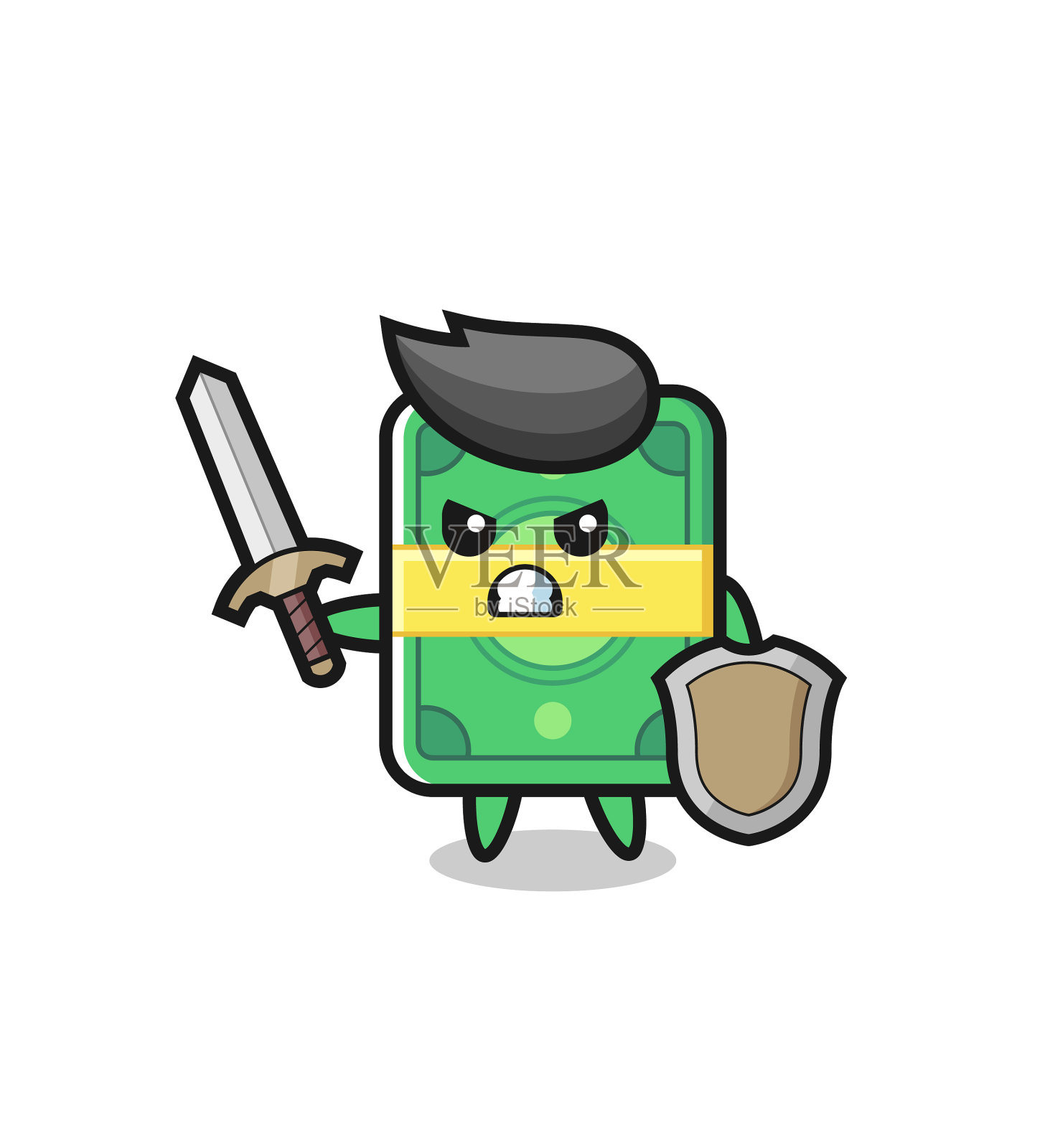 可爱的金钱战士用剑和盾战斗设计元素图片