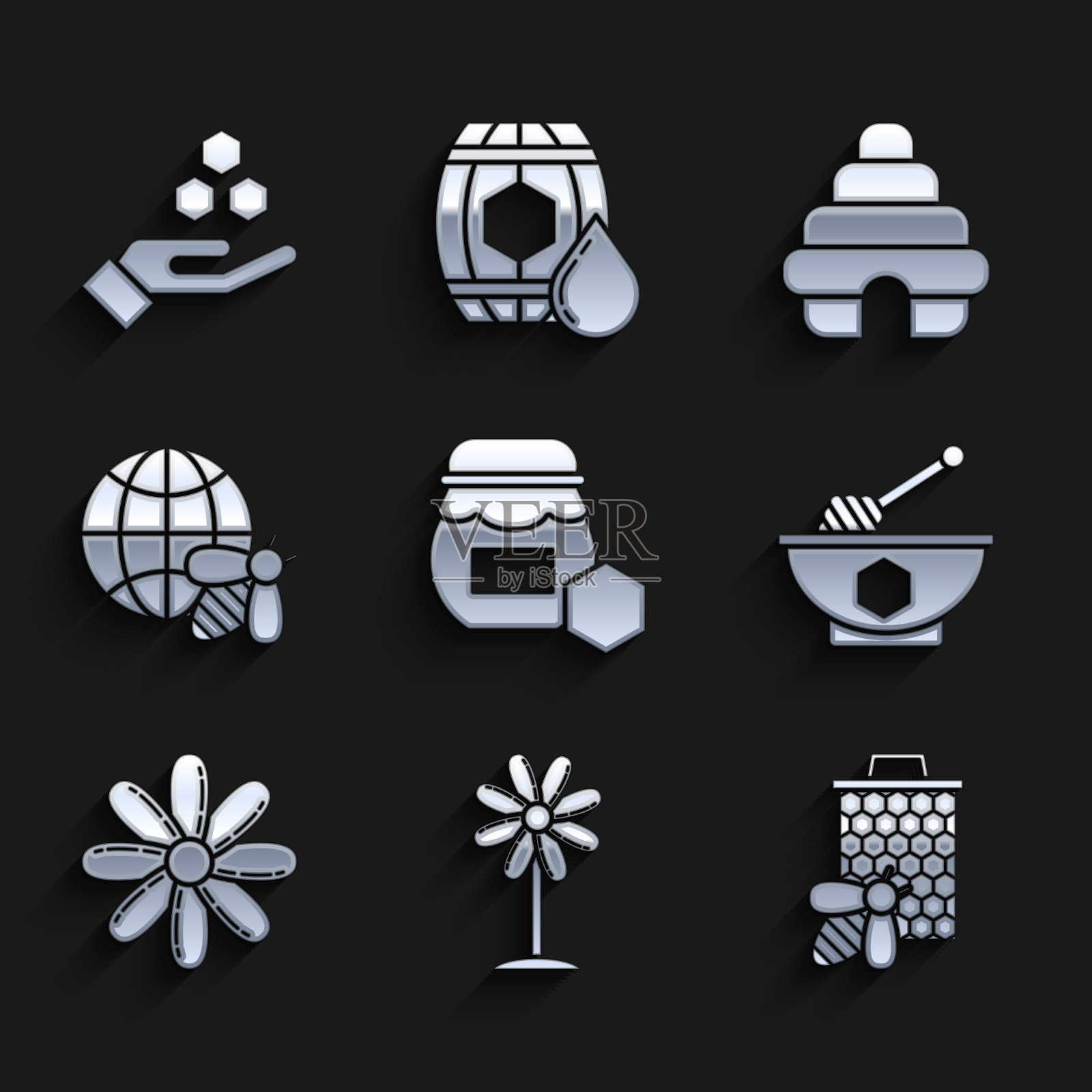 集一罐蜂蜜、蜜蜂花和蜂房蜜图标素材