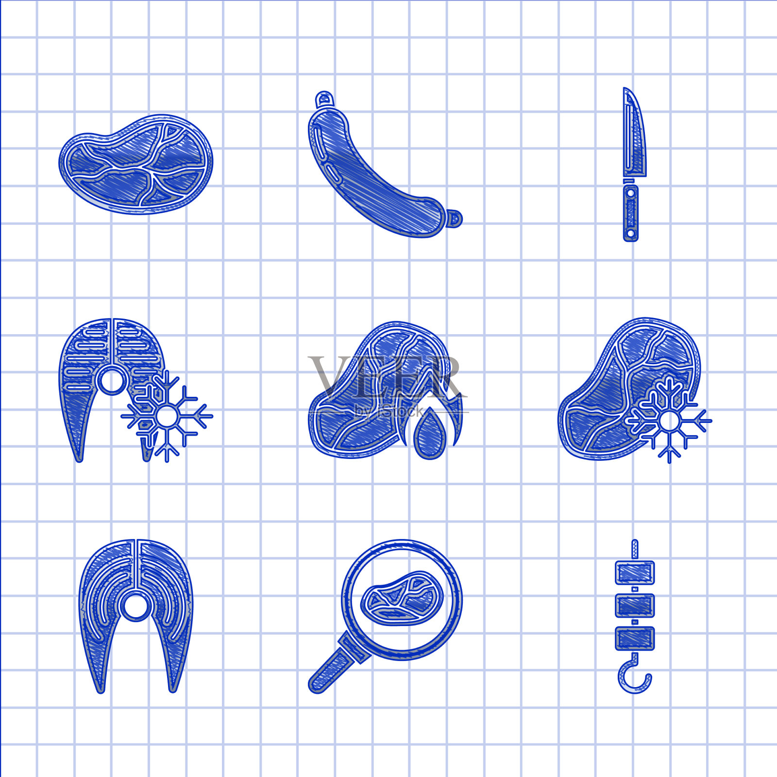 将烤牛排肉和火烤牛排放在一起图标素材
