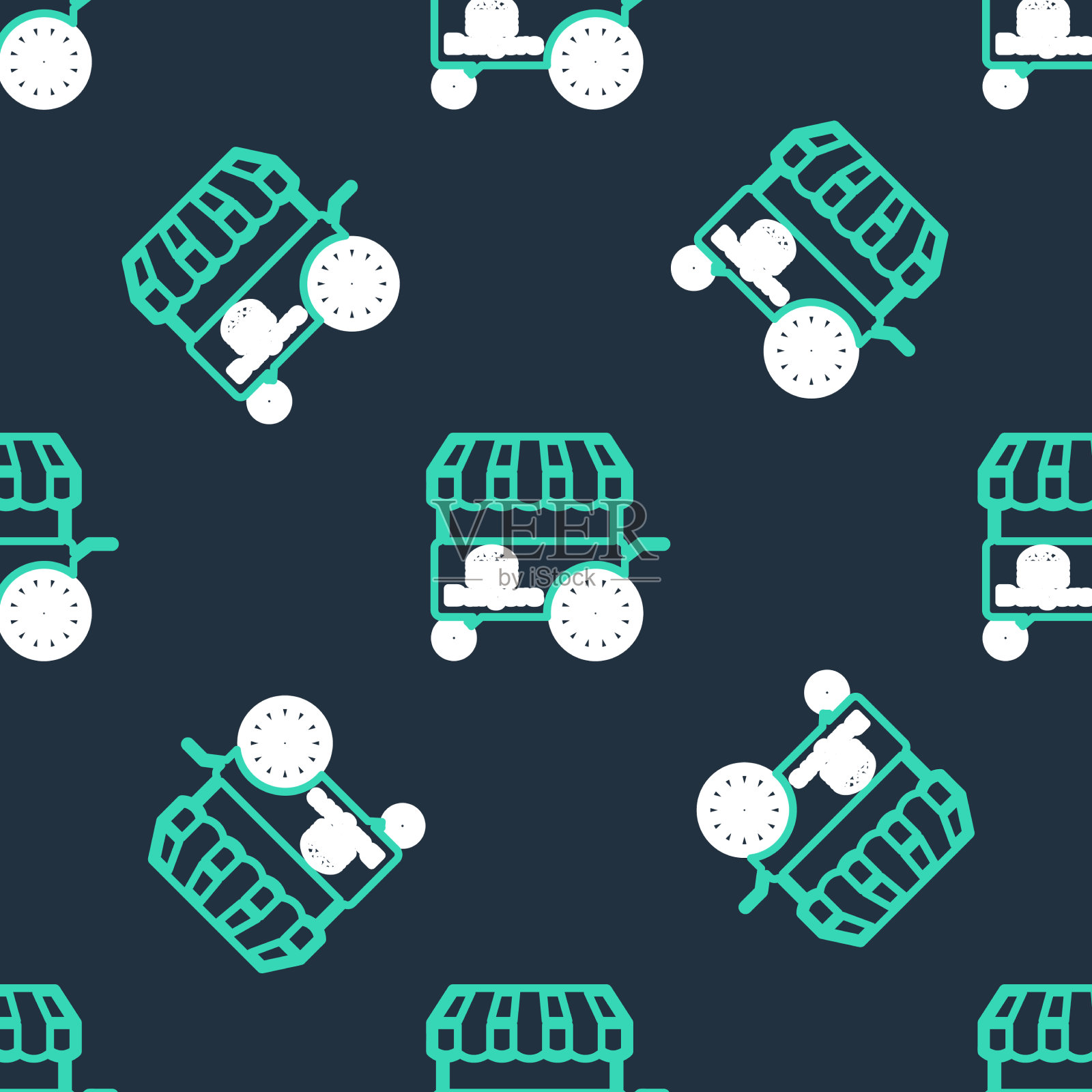 在带有遮阳篷图标的快餐车上排队插画图片素材