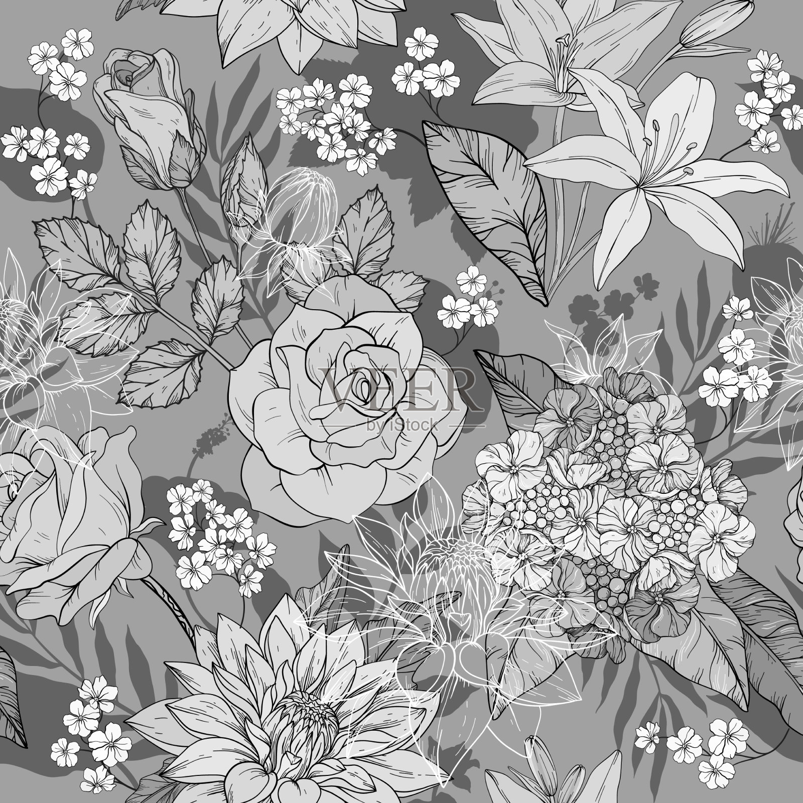 黑白单色无缝手绘插画图片素材