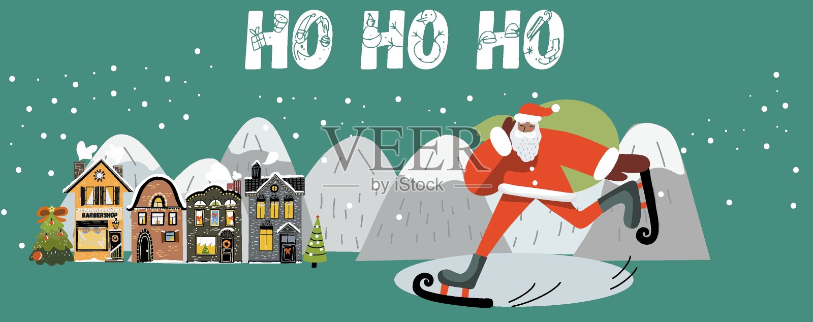 圣诞旗圣诞老人急着送礼物，穿过雪堆和高山，向被雪覆盖的房子溜冰。插画图片素材