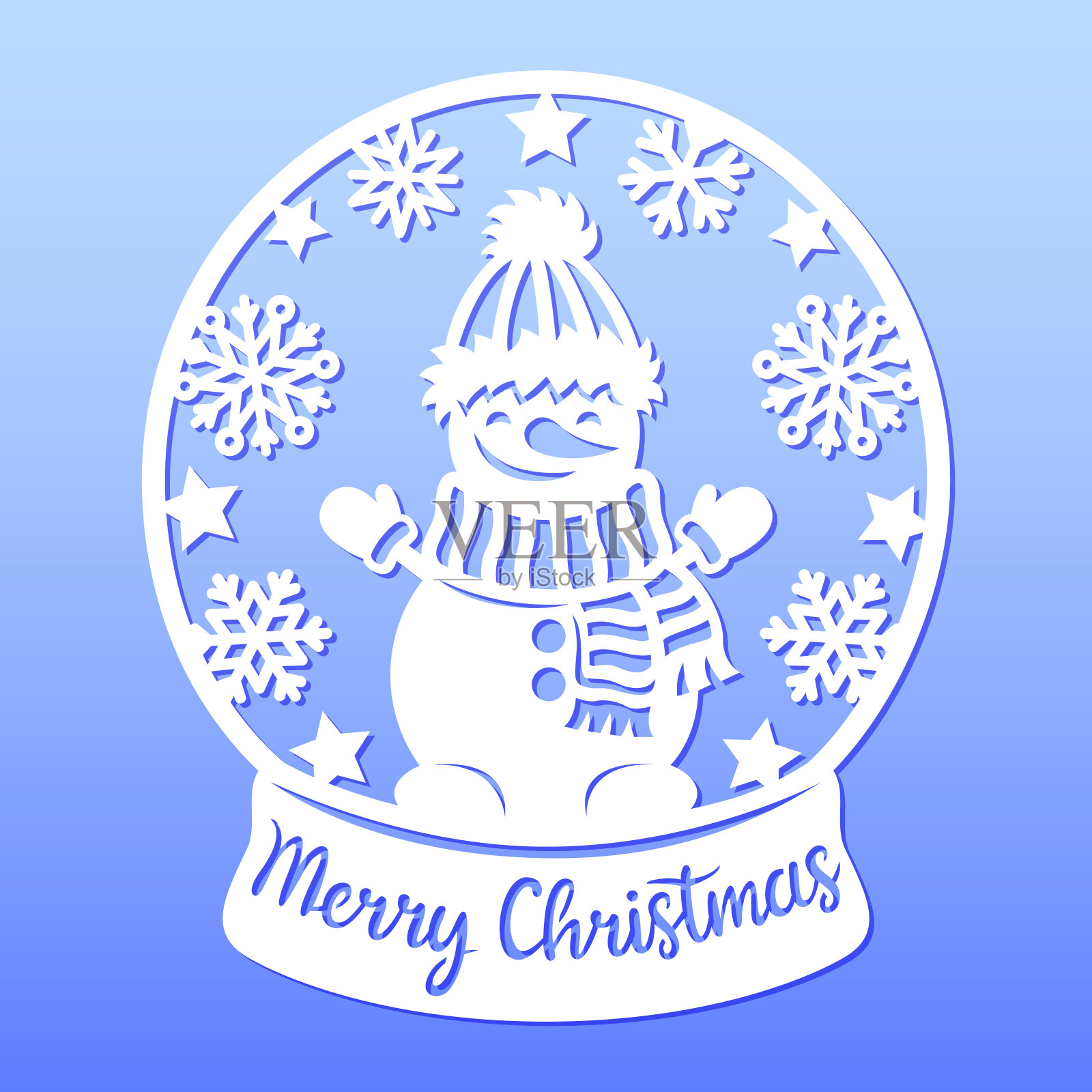 雪球上有雪人、雪花、星星。剪纸模板。圣诞快乐短语。插画图片素材