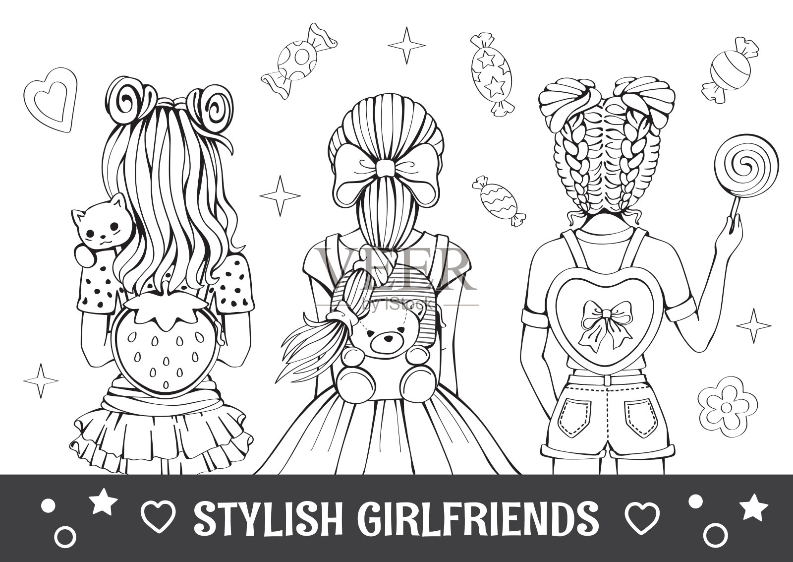 线性铅笔绘图。抗压力涂色书，一页。最好的朋友。时尚女孩的发型和背包。现代公主卡通。娃娃和玩具。禅宗纠结的风格。对儿童插图。向量设计元素图片