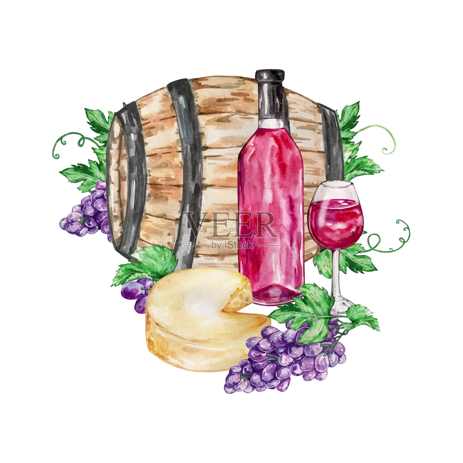 水彩构图与红酒和元素插画图片素材